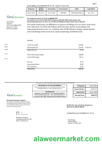 USA Texas Gexa Energy business utility bill template in Word formats
